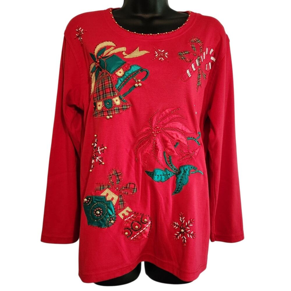 Lisa International Christmas tee long sleeve red applique and beads size S